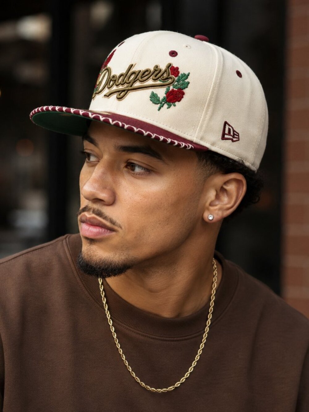 New Era Dodgers Floral Script 59FIFTY Fitted Cap - Cream & Burgundy -7 3/8